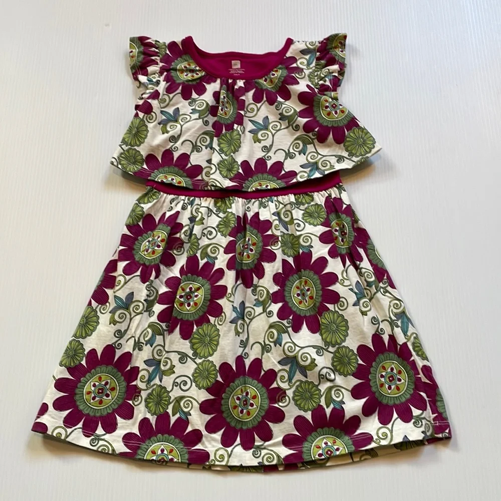 Tea cap sleeve off white with burgundy and green flowered dress, girls size 5